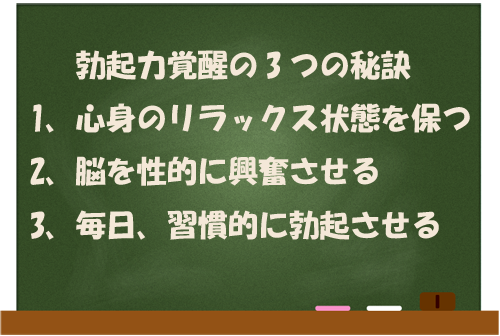 勃起力覚醒の3つの秘訣 心身のリラックス状態を保つ 脳を性的に興奮させる 毎日、習慣的に勃起させる